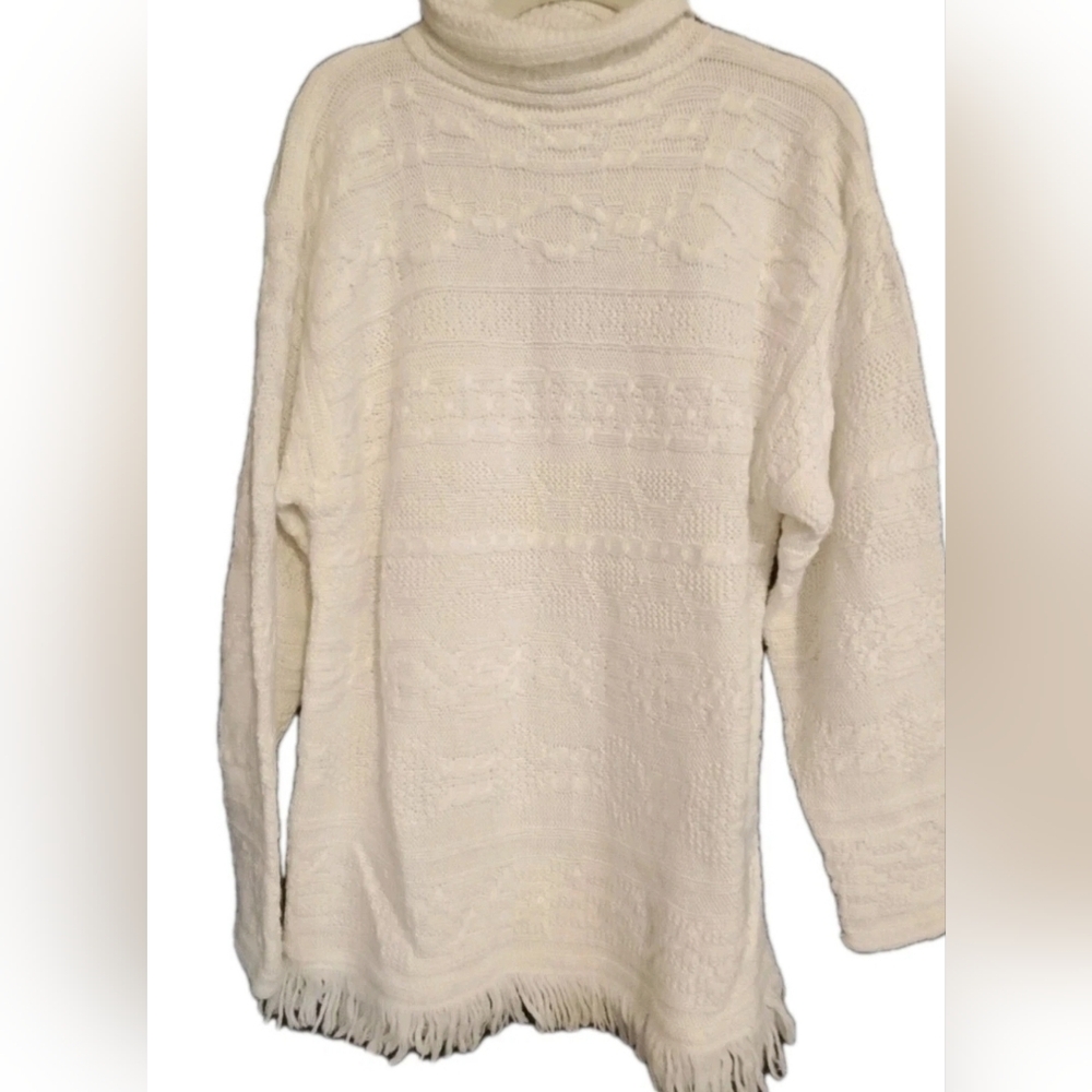 Jacque  & KoKo Womens Tunic Sweater Fringe Hem Ivory Size XL